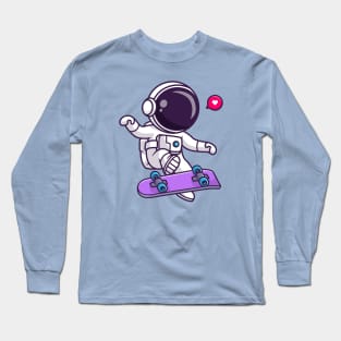 Cute Astronaut Playing Skateboard Cartoon Long Sleeve T-Shirt